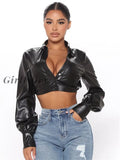 Girlfairy Fashion Long Sleeve T-Shirt Pu Leather Solid Color Vest V-Neck Blouse Top For Street Style