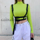 Girlfairy Fashion Neon Green Bodycon Female T-shirt Long Sleeve Crop Top Turtleneck T shirt Suspender Strap Tops Tees Shirt New