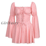 Girlfairy Fashion Off Shoulder Dot Sexy Summer Dress Women Lace Up Corset Party Pink Flare Sleeve