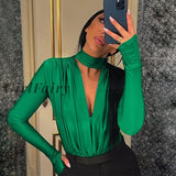 Girlfairy Fashion Outfits Halter Sexy Draped Bodysuits For Women One Piece Long Sleeve Ruched Tops Elegant Bodysuit Clothes