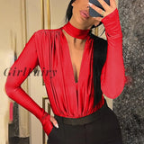 Girlfairy Fashion Outfits Halter Sexy Draped Bodysuits For Women One Piece Long Sleeve Ruched Tops