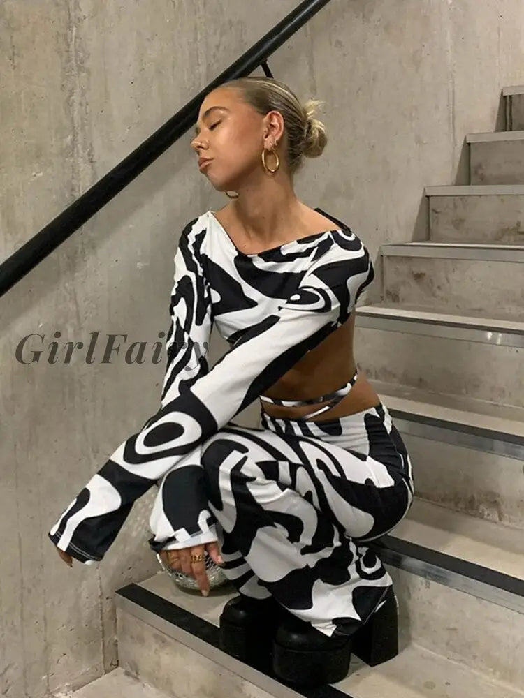Girlfairy Fashion Print Bandage Top And Pants Womens Sets Outfits 2 Piece Skinny Cropped Flare