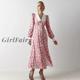 Girlfairy Fashion Print Office Women Dresses 2023 Elegant Doll Collar Long Sleeve Midi Dress Casual Single Breasting Female Dress