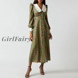 Girlfairy Fashion Print Office Women Dresses 2023 Elegant Doll Collar Long Sleeve Midi Dress Casual