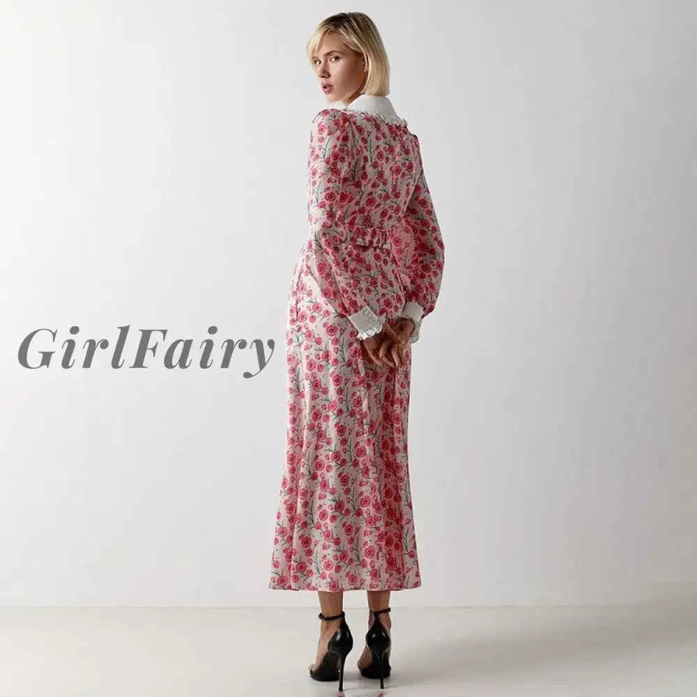 Girlfairy Fashion Print Office Women Dresses 2023 Elegant Doll Collar Long Sleeve Midi Dress Casual