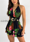 Girlfairy Fashion Print Sexy Strap Backless Lace Up Elegant Waist Mini Dress For Women V-Neck Casual