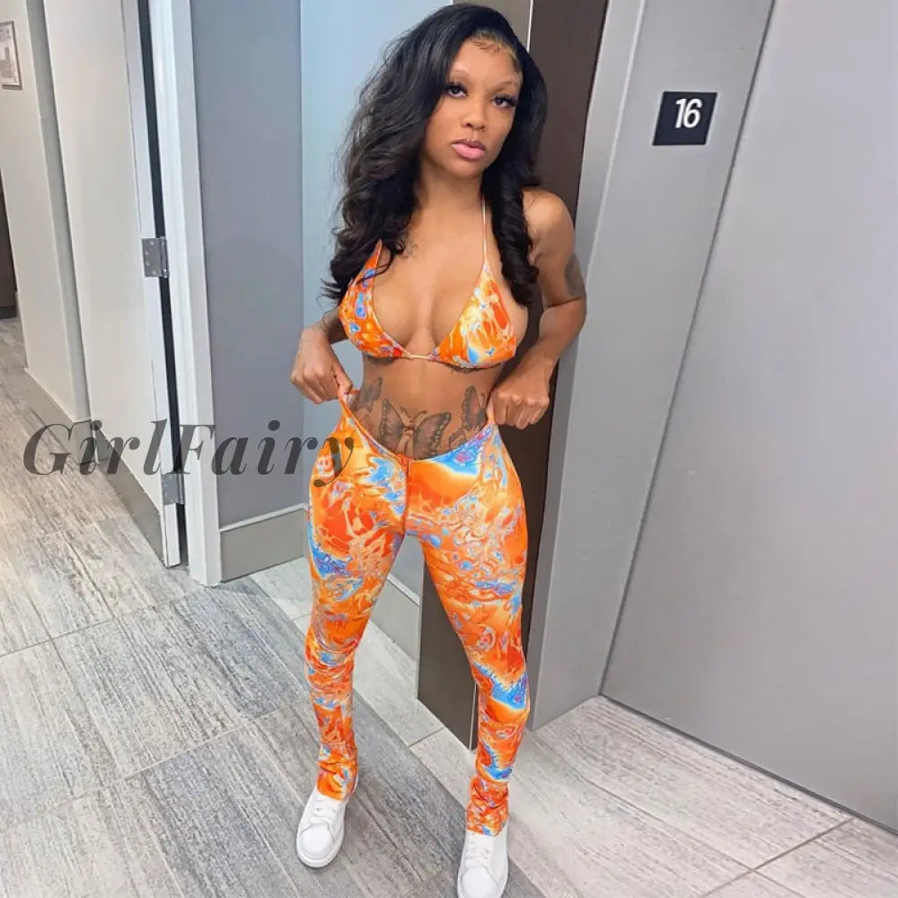 Girlfairy Fashion Printed Bra Crop Top And Pants 2 Piece Set Women Two Club Outfits Matching Sets
