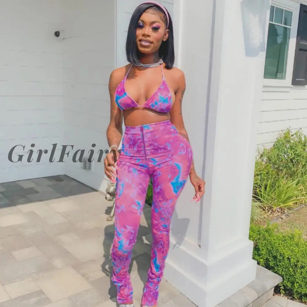 Girlfairy Fashion Printed Bra Crop Top And Pants 2 Piece Set Women Two Club Outfits Matching Sets