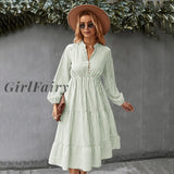 Girlfairy Fashion Ruffle Long Sleeve Dress Casual Button V Neck Big Hem Dresses Elegant Green