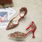 Girlfairy Fashion Sandals Women Shoes Print Party Black Heels High 5Cm Ethnic Rivet Summer Pumps