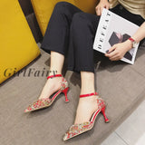Girlfairy Fashion Sandals Women Shoes Print Party Black Heels High 5Cm Ethnic Rivet Summer Pumps