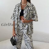 Girlfairy Fashion Satin Zebra Stripe Suit Women Summer Short-Sleeved Shirt High Waist Trousers