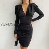 Girlfairy Fashion Sexy Deep V Neck Long Sleeve Bodycon Dresses Winter Black Coctail Dress For Women