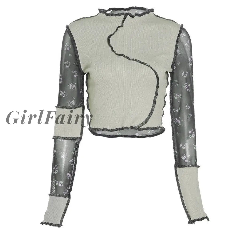 Girlfairy Fashion Sexy Long Sleeve Crop Top Contrast Stitch Patchwork Rib Floral Mesh Tshirts Winter
