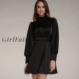 Girlfairy Fashion Stand Collar Satin Women Dresses Autumn Elegant Long Sleeve Backless Mini Dress
