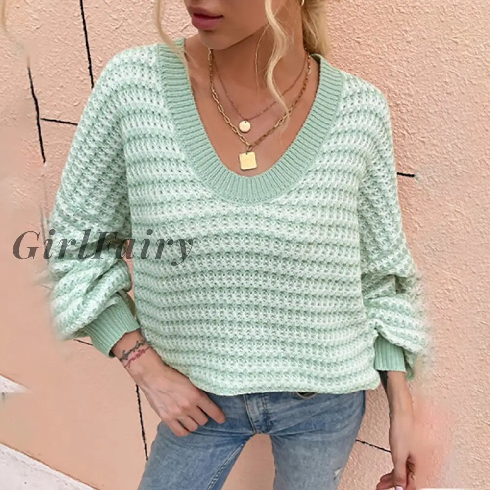 Girlfairy Fashion Striped V Neck Women Sweater Casual Loose Long Sleeve Knitted Top Elegant