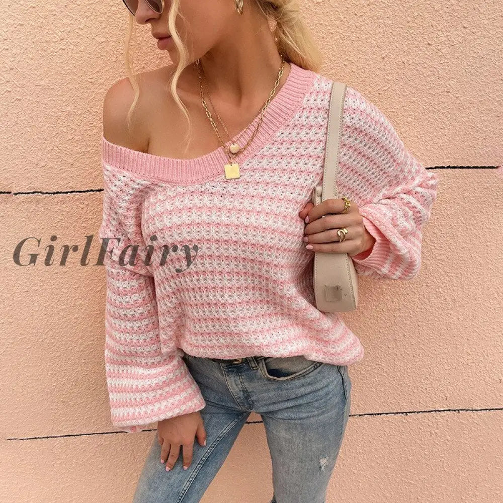 Girlfairy Fashion Striped V Neck Women Sweater Casual Loose Long Sleeve Knitted Top Elegant