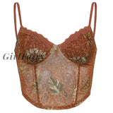 Girlfairy Fashion Vintage Floral Print Strap Mesh Top Women Camisole V Neck Lace Trim Sexy Hot See