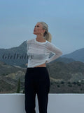 Girlfairy Fashion White Elegant Striped See Through Women Tops Outfits Long Sleeve T-Shirts Tees
