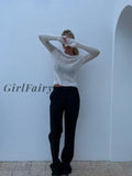 Girlfairy Fashion White Elegant Striped See Through Women Tops Outfits Long Sleeve T-Shirts Tees