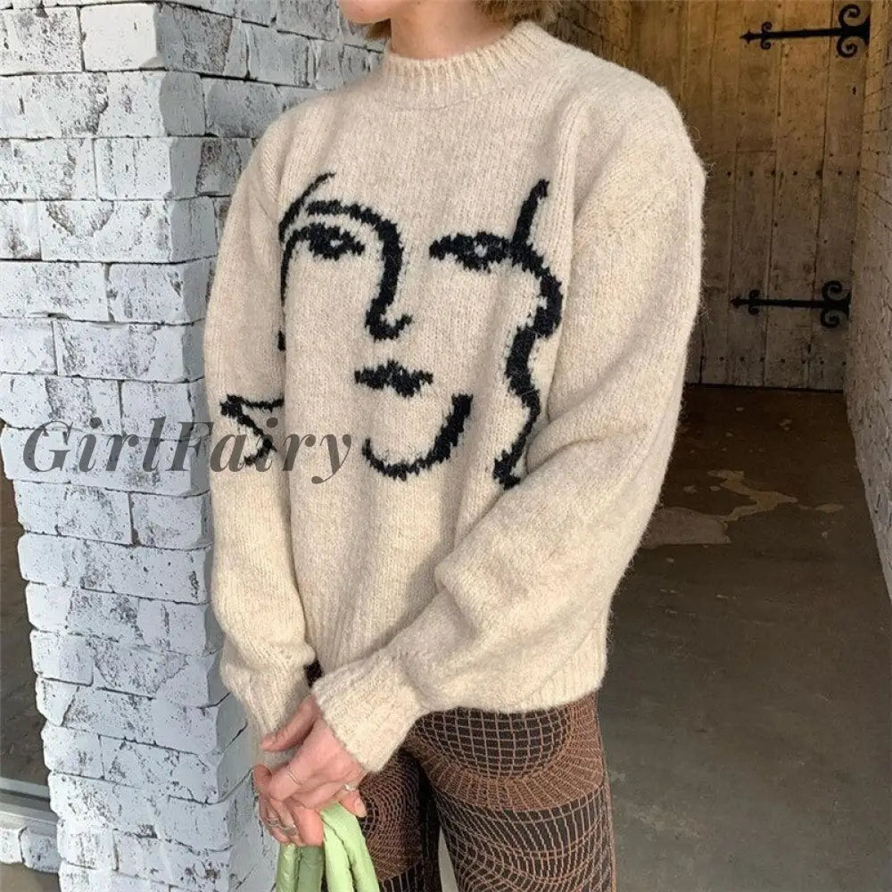 Girlfairy Fashion Winter Clothes Womens Pullover Sweaters Casual Graphic Portrait Knitted Long