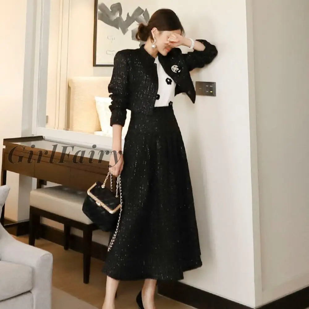 Girlfairy Fashion Winter Elegant Ol Korean Version Woolen Short Coat Skirt Suit Big Swing Casual