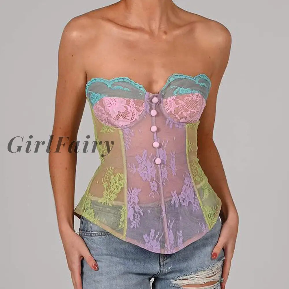 Girlfairy Fashion Woman Blouses Summer Corset Top Women Purple Lace Tops Elegant See Through Sexy