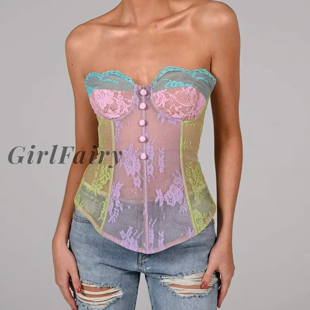 Girlfairy Fashion Woman Blouses Summer Corset Top Women Purple Lace Tops Elegant See Through Sexy