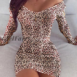 Girlfairy Fashion Women Dress Elegant Off Shoulder Sexy Boho Long Sleeve Leopard Autumn Print Plus