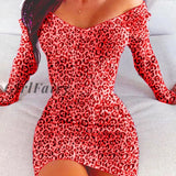 Girlfairy Fashion Women Dress Elegant Off Shoulder Sexy Boho Long Sleeve Leopard Autumn Print Plus