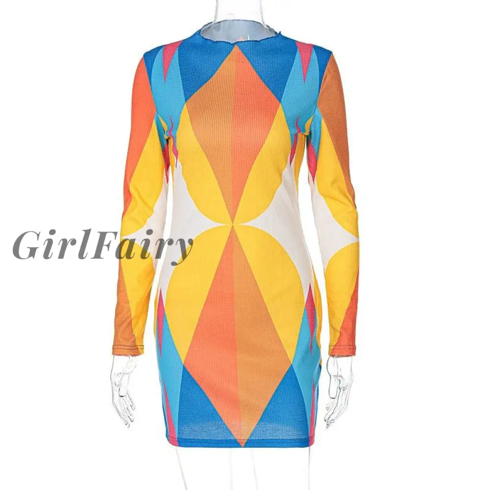 Girlfairy Fashion Women Dress Print Office Skinny Bodycon O-Neck Long Sleeve Short Dresses Woman