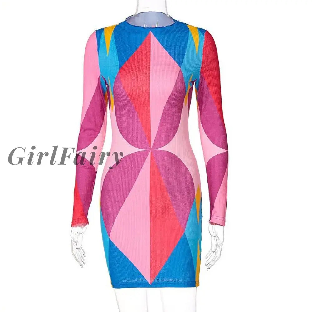 Girlfairy Fashion Women Dress Print Office Skinny Bodycon O-Neck Long Sleeve Short Dresses Woman