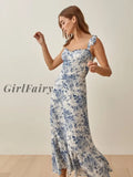 Girlfairy Fashion Women French Vintage Flowers Print Slim Strap Dress 2023 Summer Sleeveless Female