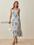 Girlfairy Fashion Women French Vintage Flowers Print Slim Strap Dress 2023 Summer Sleeveless Female