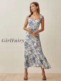 Girlfairy Fashion Women French Vintage Flowers Print Slim Strap Dress Summer Sleeveless Female