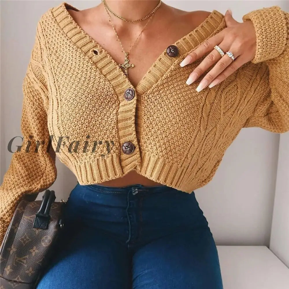 Girlfairy Fashion Women Knitted Sweater Casual Plain Cardigan Knitwear Elegant Ladies Long Sleeve V