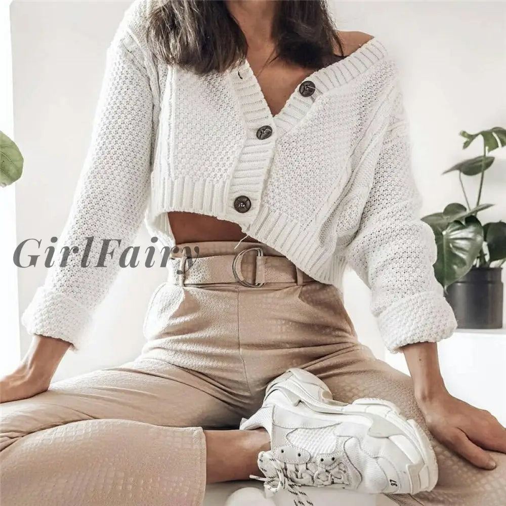 Girlfairy Fashion Women Knitted Sweater Casual Plain Cardigan Knitwear Elegant Ladies Long Sleeve V