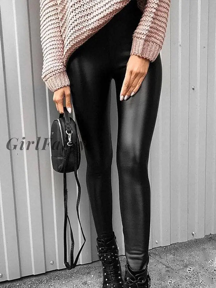 Girlfairy Faux Pu Leather Pants Casual Cotton Warm Sexy Skinny Streetwear Daily Wear Pencil Fall