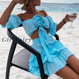 Girlfairy Female Casual Solid Color Beach Suit Summer Off Shoulder Crop Top+Ruffles Mini Skirts