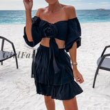 Girlfairy Female Casual Solid Color Beach Suit Summer Off Shoulder Crop Top+Ruffles Mini Skirts