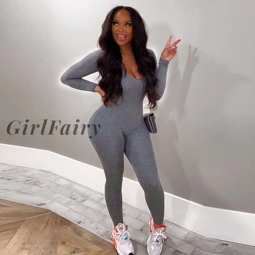 Girlfairy Fitness Long Sleeve Bodycon Jumpsuit Women Rompers Active Wear Sexy One Piece Outfits Fall
