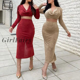 Girlfairy Flannel Ruched Two Piece Set For Women Autumn V Neck Long Sleeve Top+Slit Simple Skirt