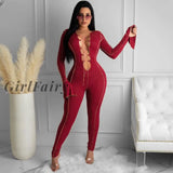 Girlfairy Flared Sleeve Cut Out Bandage Ribbed Jumpsuit For Women Autumn Winter Sexy Fashion