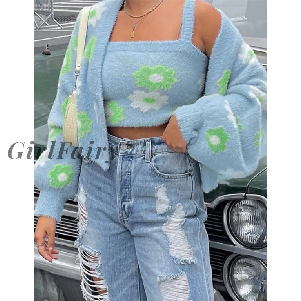 Girlfairy Floral Aesthetic Sweater Knitted Two Piece Women Sets Winter Shaggy Soft Cardigan Coat And