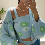 Girlfairy Floral Aesthetic Sweater Knitted Two Piece Women Sets Winter Shaggy Soft Cardigan Coat And