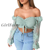 Girlfairy Floral Embroidery Cropped Tops Women Lace Long Sleeve Off-Shoulder Blouses Drawstring