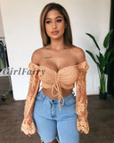 Girlfairy Floral Embroidery Cropped Tops Women Lace Long Sleeve Off-shoulder Blouses Drawstring Front Strapless Tops Solid Color