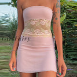 Girlfairy Floral Lace Patchwork Pink Mini Dress 90S Vintage Chic Women Backless Wrap Bodycon Retro