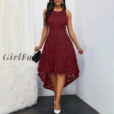 Girlfairy Floral Lace Women Solid Color Sleeveless Irregular Hem Formal Party Midi Dress Womens Sexy
