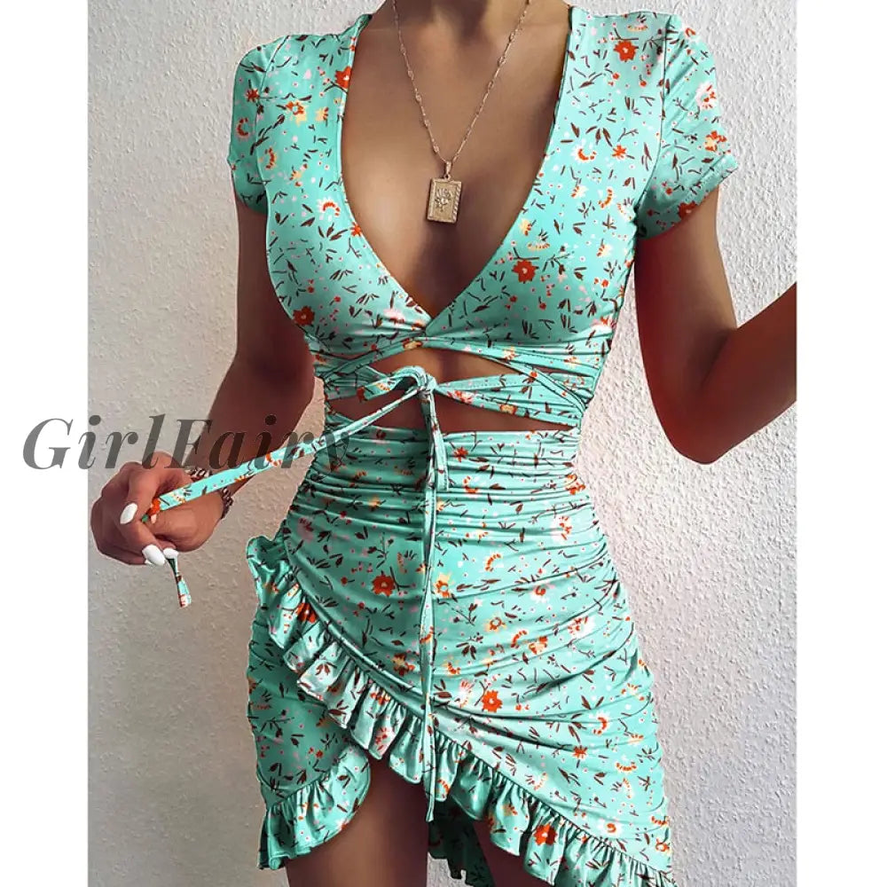 Girlfairy Floral Print Fashion Tie Up Wrap Mini Dress 2023 Summer Holiday Ruffles Sundress Ruched